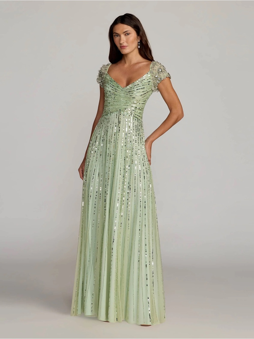 Mac Duggal 23042 Green Sequined Evening Gown With Embellished Shoulders sz 10